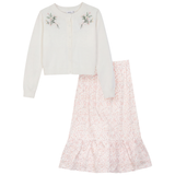 Load image into Gallery viewer, Girls Knit Cardi And Bow Floral Skirt Set
