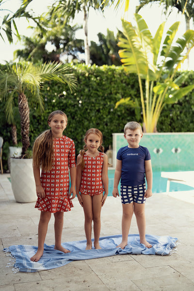 3/4 Sleeve Checked Print Swim Dress