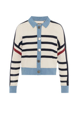 Load image into Gallery viewer, Ladies Striped Knit Denim Combo Cardigan
