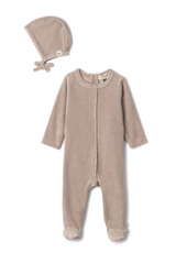 Load image into Gallery viewer, Baby Velour Pom Pom Onesie With Bonnet
