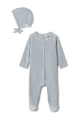 Load image into Gallery viewer, Baby Velour Pom Pom Onesie With Bonnet
