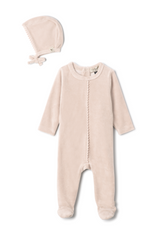 Load image into Gallery viewer, Baby Velour Pom Pom Onesie With Bonnet
