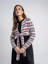 Load image into Gallery viewer, Ladies Multi Color Crochet Cropped Tie Cardigan
