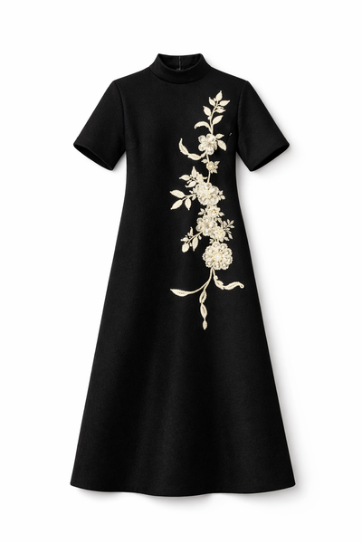 Brushed Wool Applique Maxi Dress