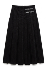 Load image into Gallery viewer, Midi Length Corduroy Pleated Skirt With Leather Straps
