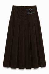 Load image into Gallery viewer, Midi Length Corduroy Pleated Skirt With Leather Straps
