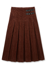 Load image into Gallery viewer, Midi Length Corduroy Pleated Skirt With Leather Straps
