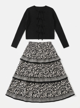 Load image into Gallery viewer, Pointel Knit Cardigan With Boarder Print Skirt Set
