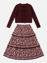 Load image into Gallery viewer, Pointel Knit Cardigan With Boarder Print Skirt Set
