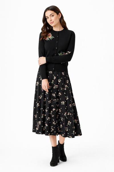 Knit Cardigan With Floral Print Skirt