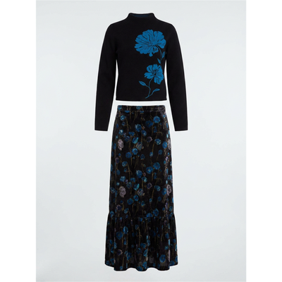 Floral Knit Seamless Mock Neck Sweater & Floral Velour Skirt Set