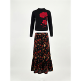 Load image into Gallery viewer, Floral Knit Seamless Mock Neck Sweater &amp; Floral Velour Skirt Set
