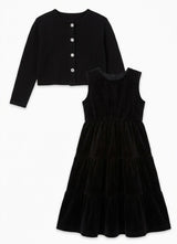 Load image into Gallery viewer, Velour Tiered Dress &amp; Rib Cardigan Set
